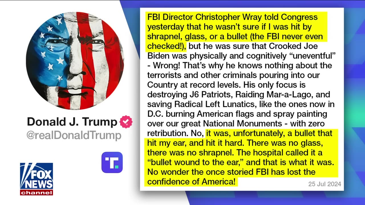 Trump fires back at FBI over bullet claim： 'Lost the confidence of America'
