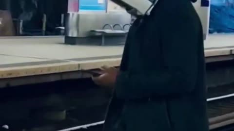 Funny Mask - at Subway with a TV Mask