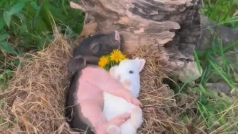 A little rabbit lies in the arms of a little pig