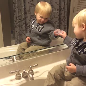 Little Boy Clinks Glasses With His Reflection