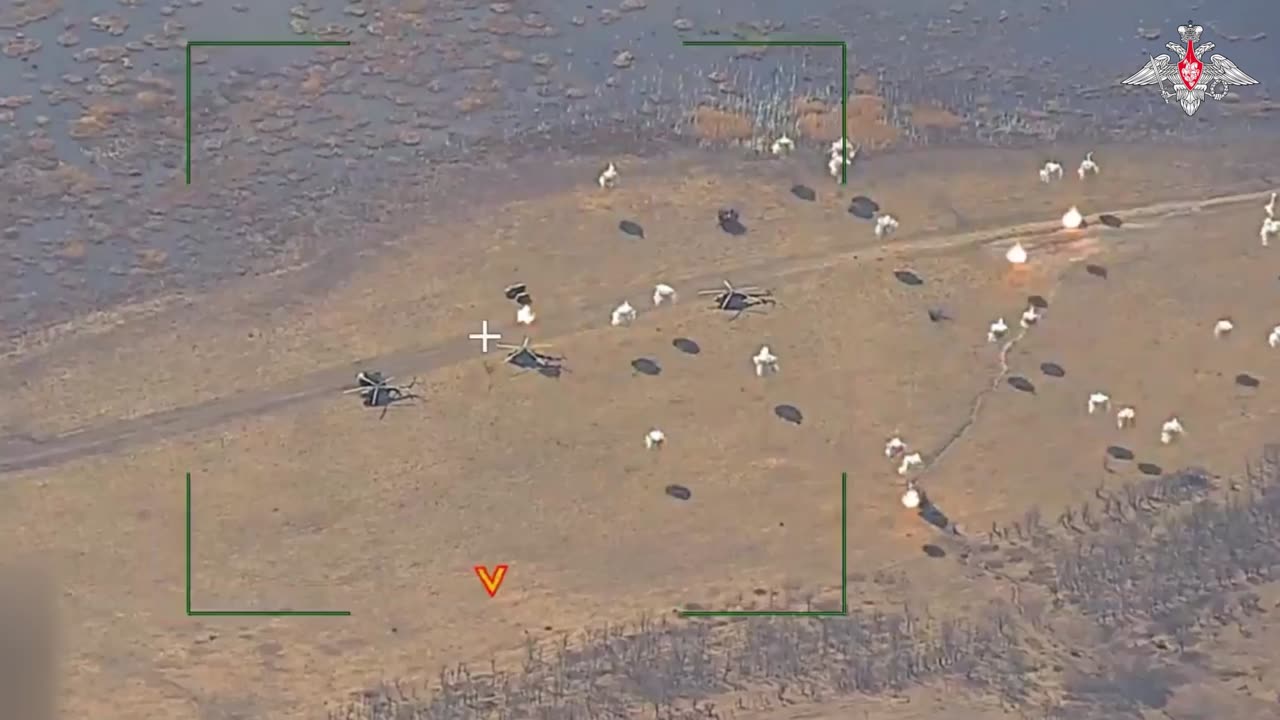 Epic Russian cluster bomb strike on Ukrainian Forces helicopters at a field jump airfield in the DPR