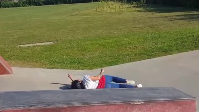 Collab copyright protection - red tanktop girl skateboarding fail