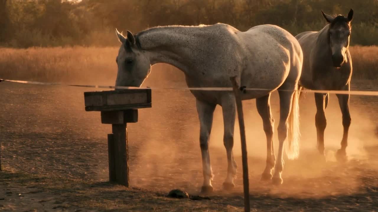 Herd of horses walking near fence while grazing in paddock on sunny summer day on ranch