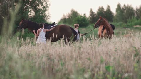 Two young girls with horses on the field