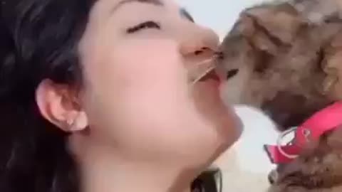 girl and cat kissing