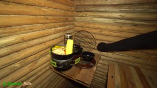 Building Complete Warm Underground Survival Bushcraft Shelter With Wooden Roof, Log cabin shelter