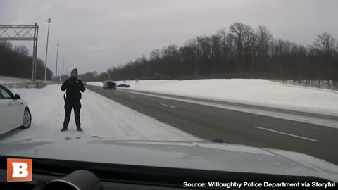 THAT WAS CLOSE: OH Officer Dodges Car on Icy Highway