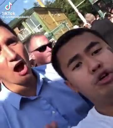 Trudeau tries to take a picture with a Canadian and all the Canadian could say is "Trudeau Must Go