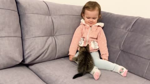 Cute Baby Meets New Baby Kitten for the First Time!