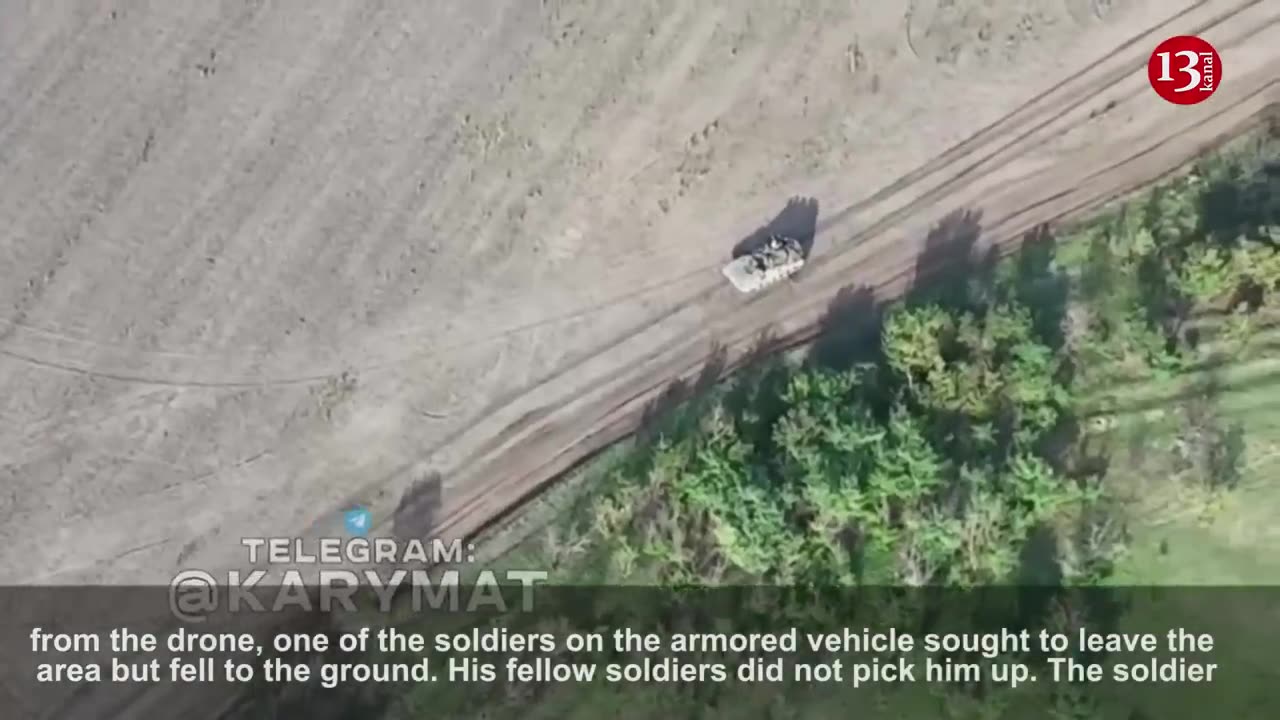 Combat vehicle with a large number of Russians on it flees from a drone - Soldier fell to the ground