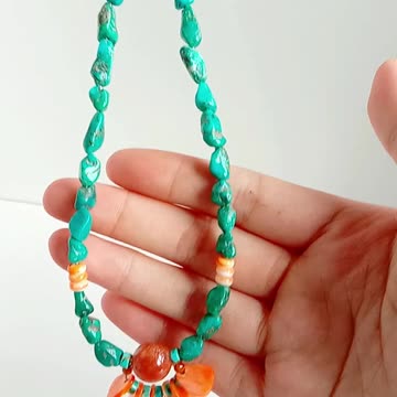 Natural turquoise and orange spiny oyster pendant with sun stone gemstone faceted garnet jewelry