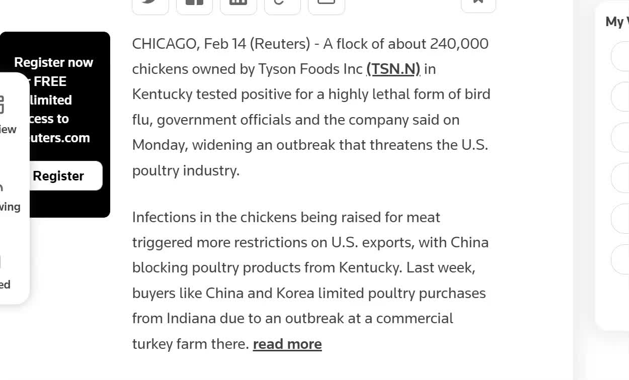 Control the Food: U.S. Detects Highly Lethal Bird Flu in Tyson Foods Chickens