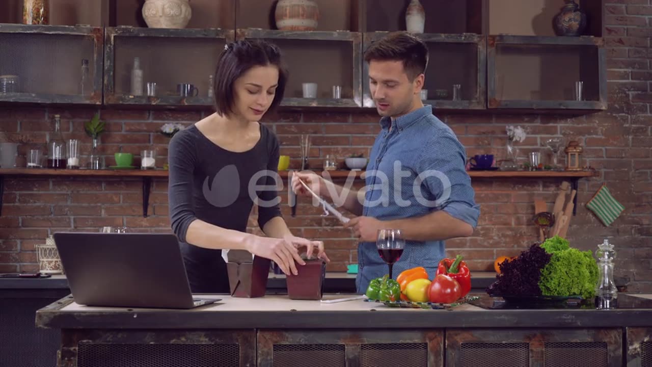 Guy Comes with Delivery Food and Expends Chinese Chopsticks Lady.