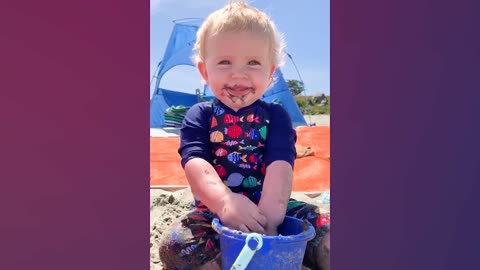 Funny Baby's Reaction On The Beach