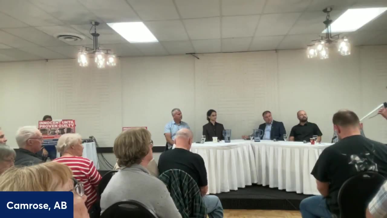 Town Hall in Camrose "Truth and Accountability!" Blayone, Pawlowski, Makis, Hodkinson, Bezirgan