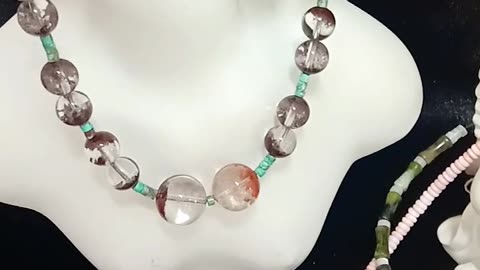 Natural turquoise and red Ghost phantom quartz with black Ghost phantom quartz pendant necklace06