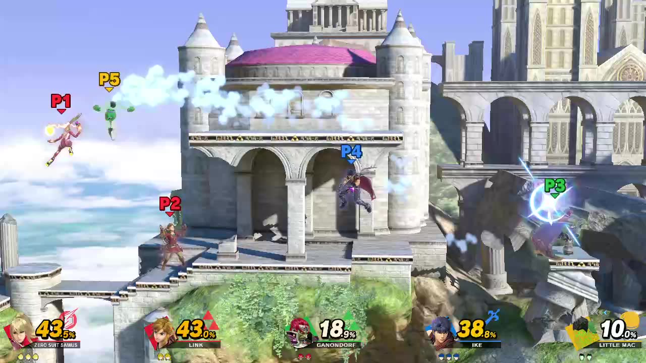 Zero Suit Samus and Link vs Ganondorf vs Ike vs Little Mac on Temple (Super Smash Bros Ultimate)