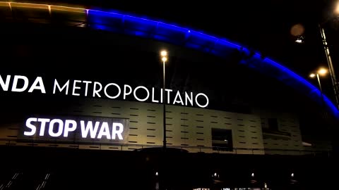 Atletico Madrid's stadium lights up in Ukrainian flag