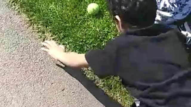 Child playing with dog