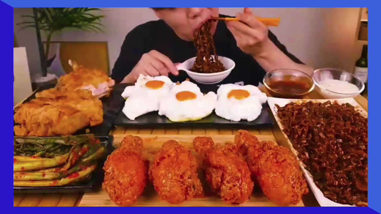 ASMR MUKBANG - Korean Recipe for Fried Chicken, Steak, Black Bean Noodles, and Kimchi!