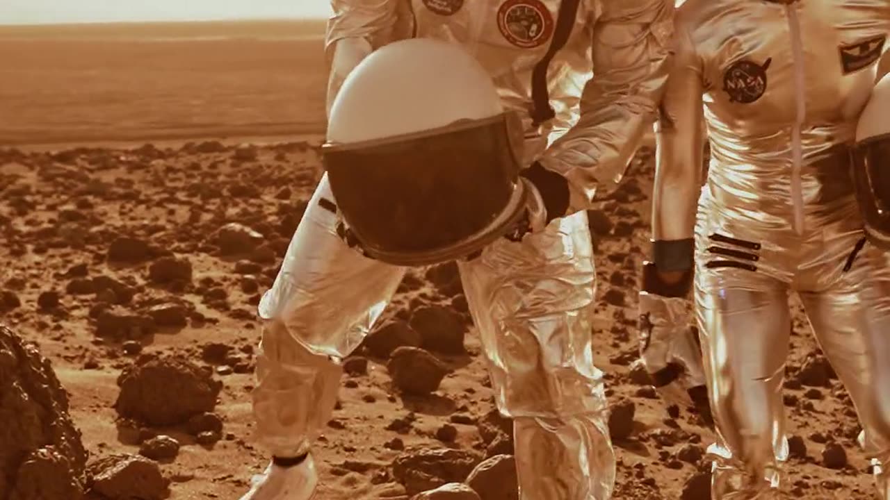 An Astronaut putting a potted plant on the ground