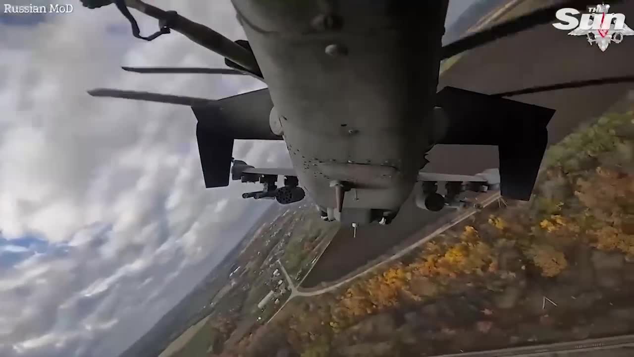 Russian combat helicopters spray missiles toward Ukrainian ground targets