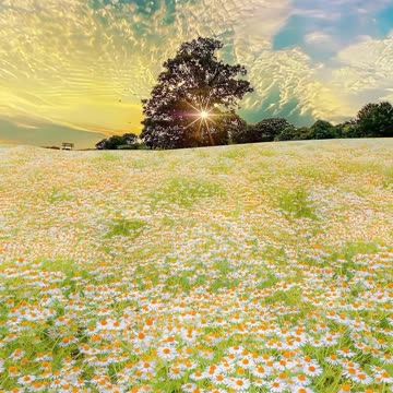 Beautiful Daisy flower field with sunrise