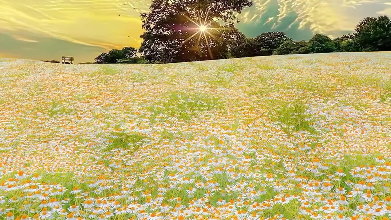 Beautiful Daisy flower field with sunrise