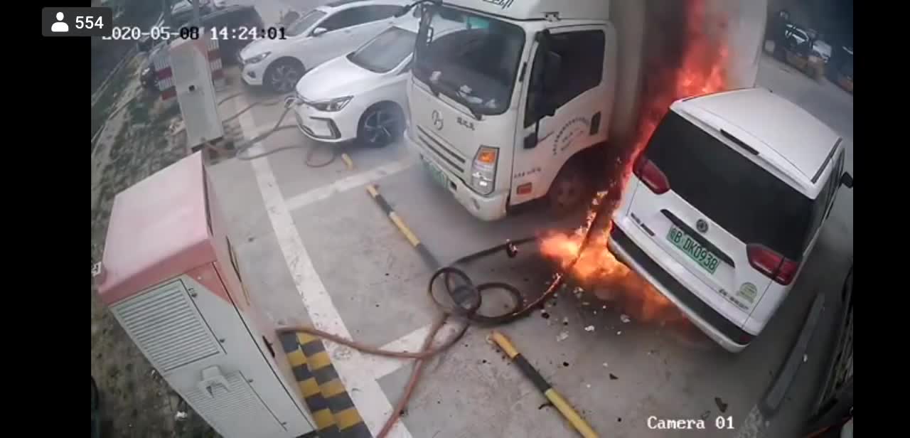 Electric Car Fire and Explosion at a Charging Station