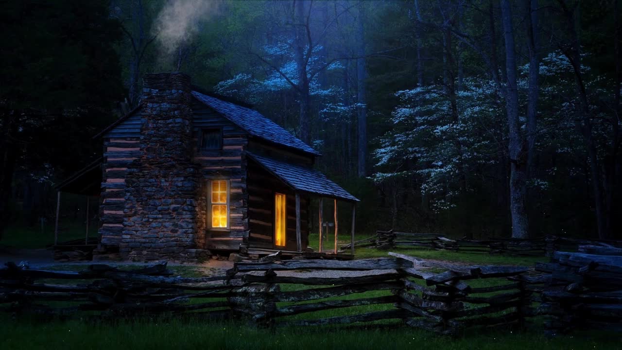 Wooden Cabin In The Forest At Night With Fireflies