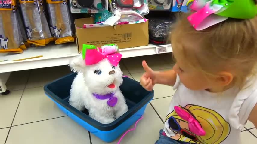 Funny Stacy doing shopping with cute Dog Toy