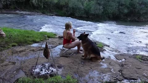 Brazilian girl - Relaxing and preparing a delicious barbecue by the river ASMR