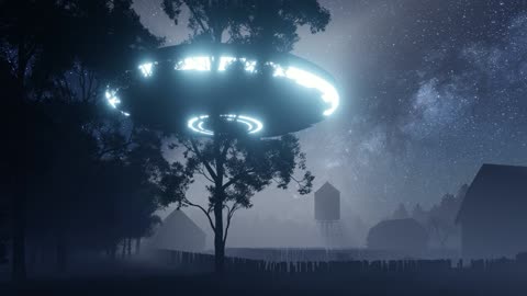 3D Render of UFO in the Sky Above an Old Farm A0010