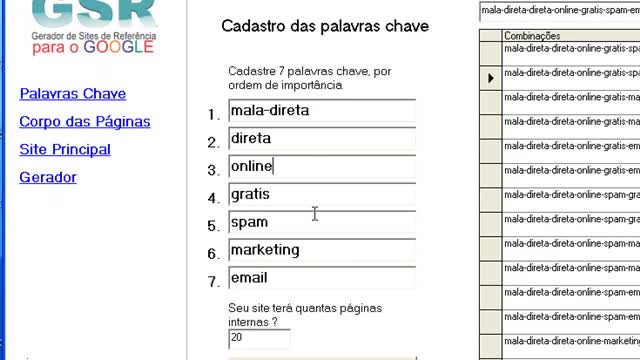 1 Tela das palavras chave e combinações - aparecer nas pesquisas do Google utilizando Nosso Software