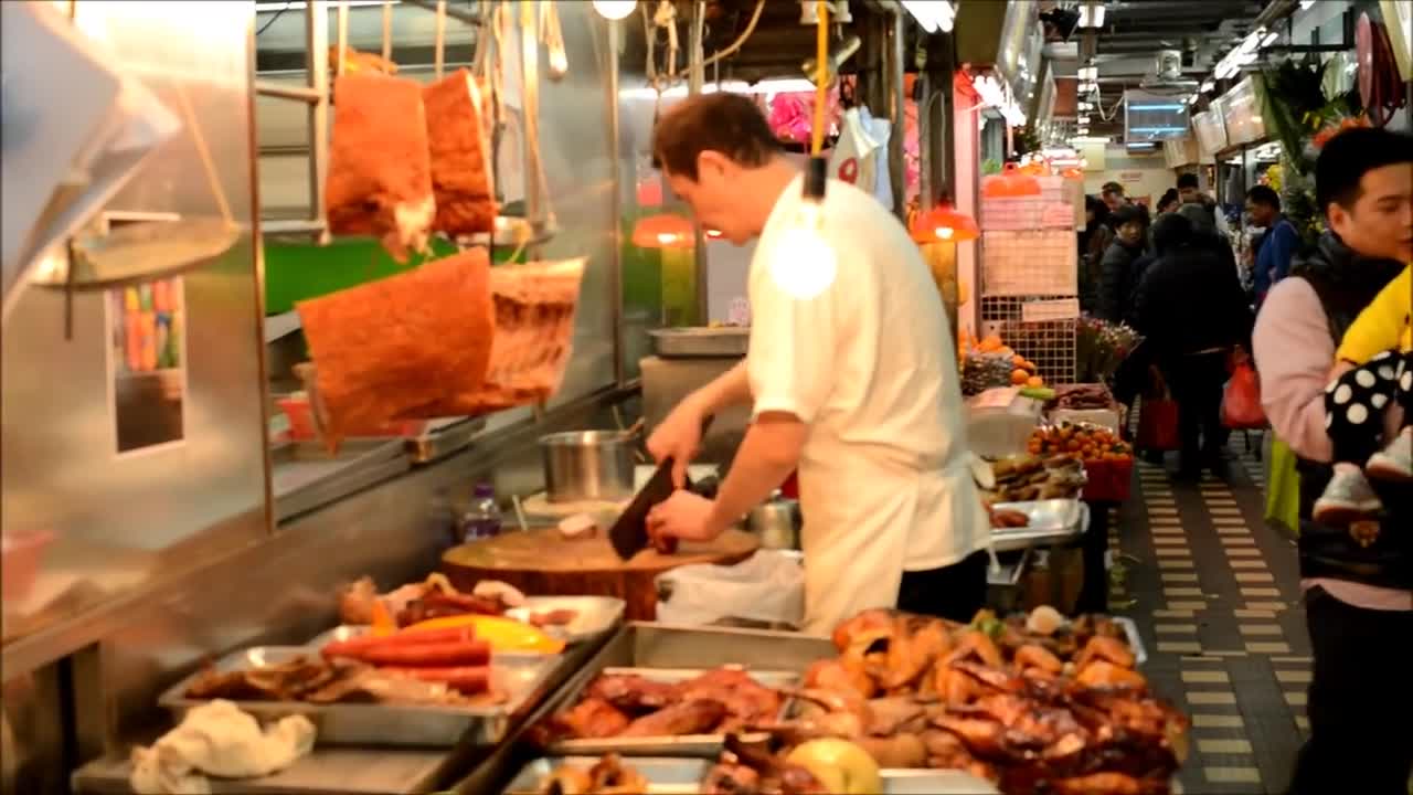 Hong Kong Street Food. Preparation of the "Lunch Box". Chinese Fast Food