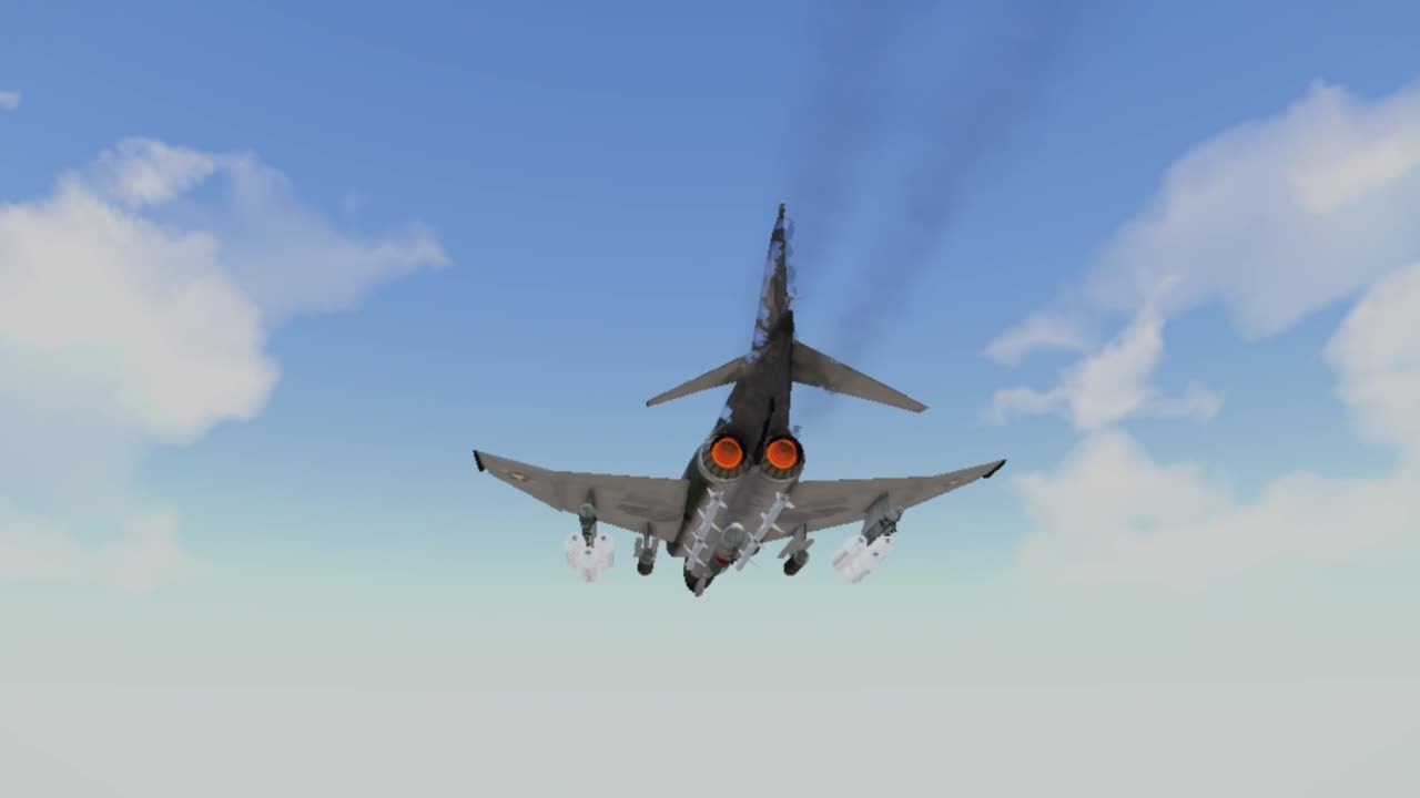 F-4 fighter flies at high speed and launches missiles and drops bombs