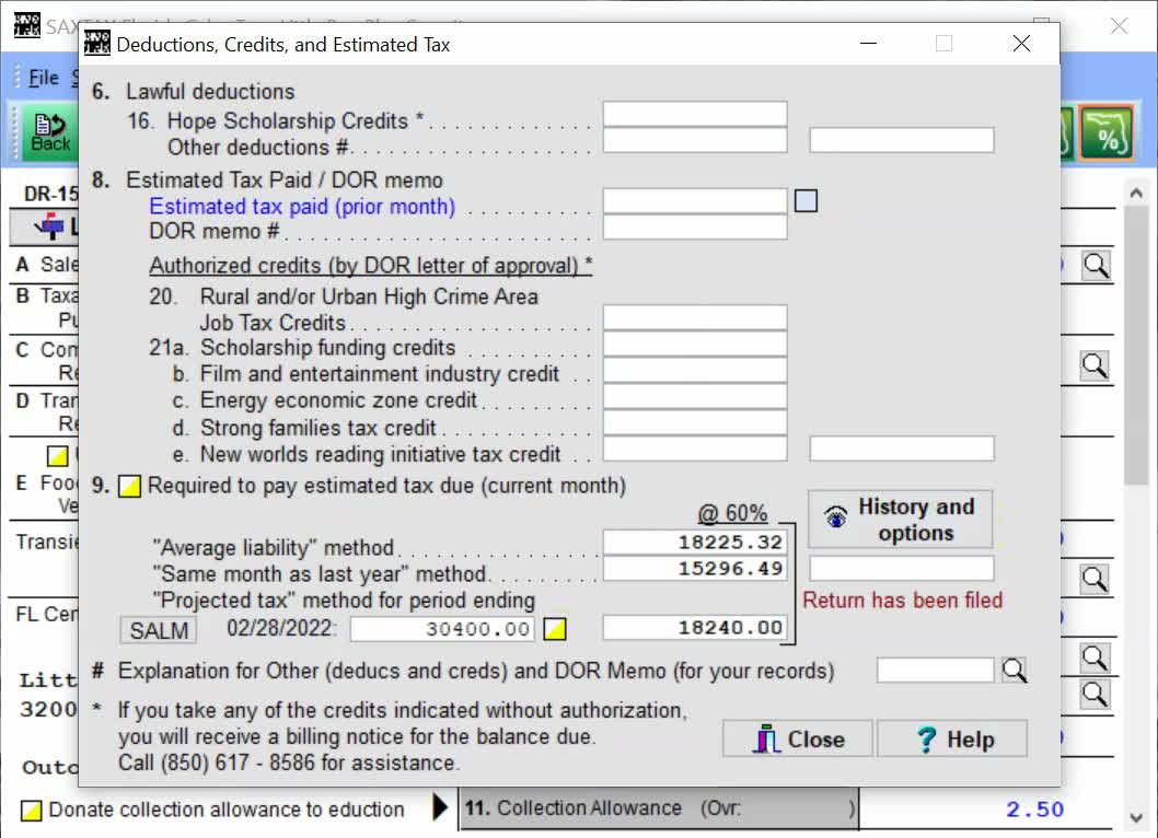 SAXTAX Florida Sales and Use Tax Return - Credits