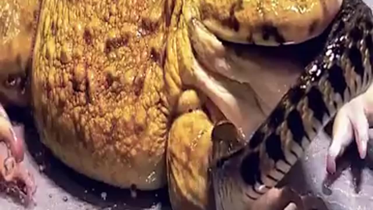 Bull frog eating black scorpion and a snake alive