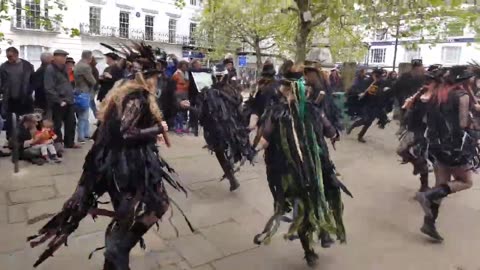Beltane Border Morris dancing a double set of Vixana, Totnes, Devon, 28th April 2019