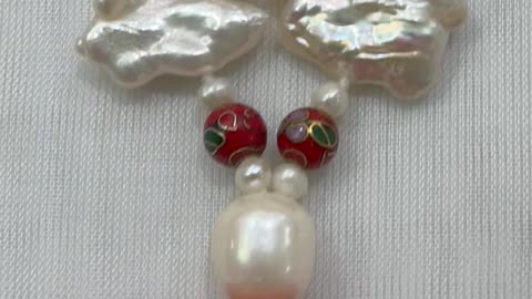 Handmade + Knotting Unique Jewelry Set with Freshwater Pearl, Cinnabar Pendant