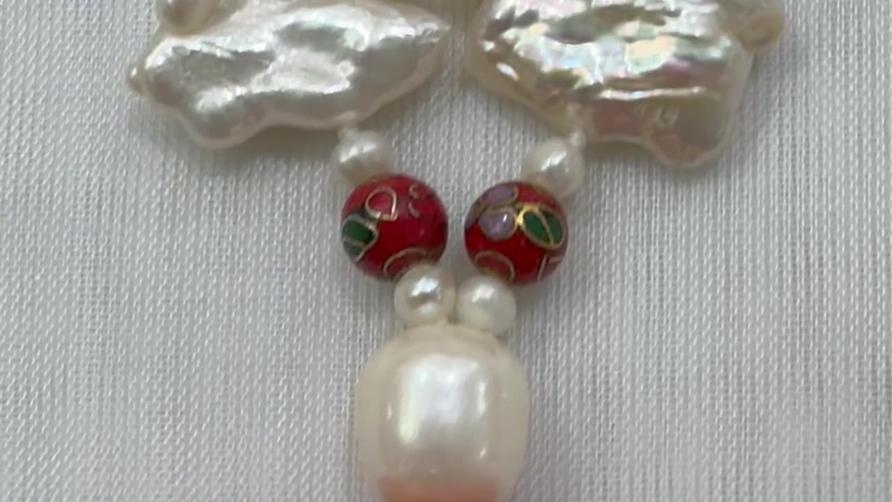 Handmade + Knotting Unique Jewelry Set with Freshwater Pearl, Cinnabar Pendant