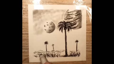 Charcoal Drawing, celestial scenery with palm trees, silhouette, moon