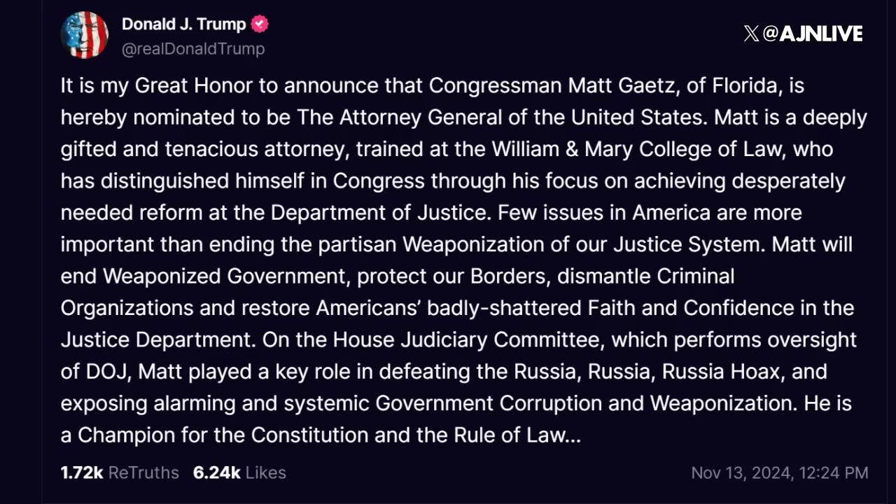 Trump Announces Rep. Matt Gaetz As Attorney General