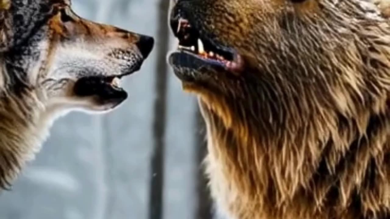 Gray Wolf and Brown Bear in a Snowy Forest | wild animals Fight