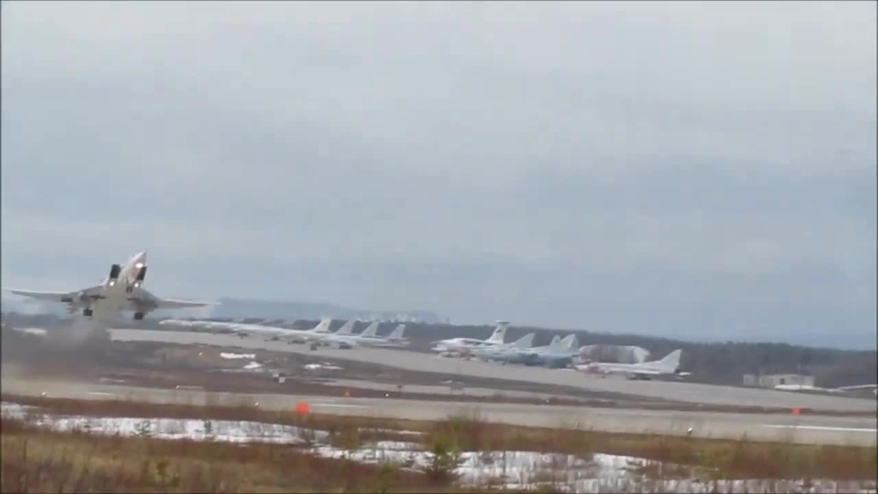 Russian Air Force Tu-22M3 with a suspended supersonic Kh-22 cruise missile.