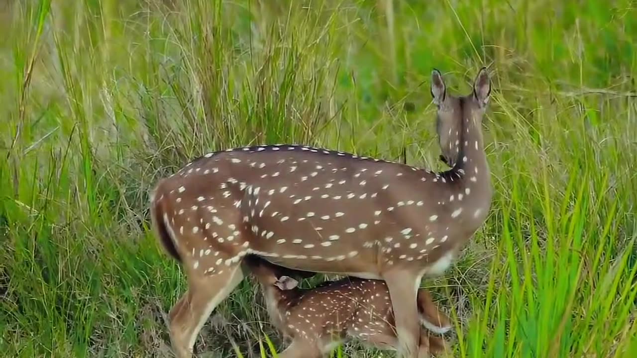 "Nature's Nourishment: The Fascinating Sight of a Spotted Deer Nursing from Its Mother"