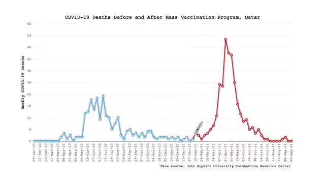 COVID DEATHS - before (blue) and after (red) the vaccine