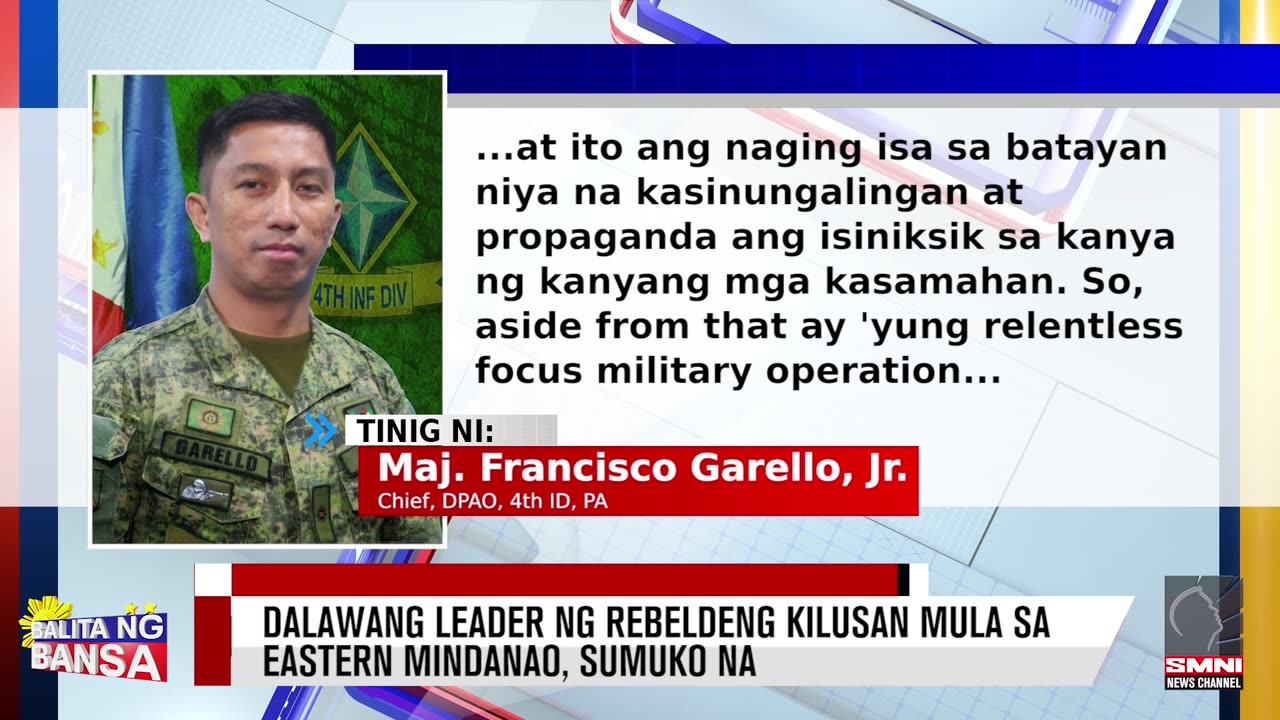 Dalawang leader ng rebeldeng kilusan mula sa Eastern Mindanao, sumuko na