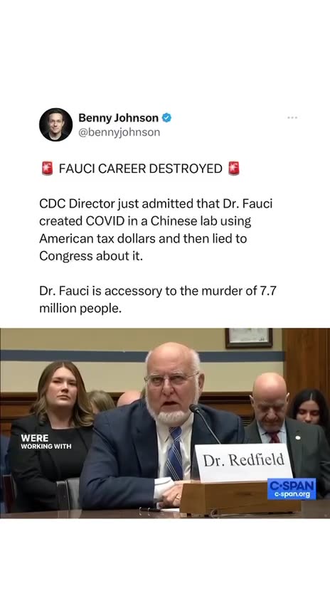 Former CDC director - Robert R. Redfield says Anthony Fauci created COVID-19 in a lab in China.