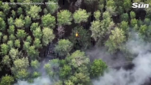 Ukrainian soldiers destroy three Russian tanks and ammo dump hidden in forest